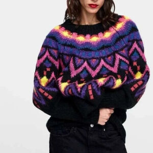 ZARA Knitwear Oversized Jacquard Sweater Sz S NWT with Wool